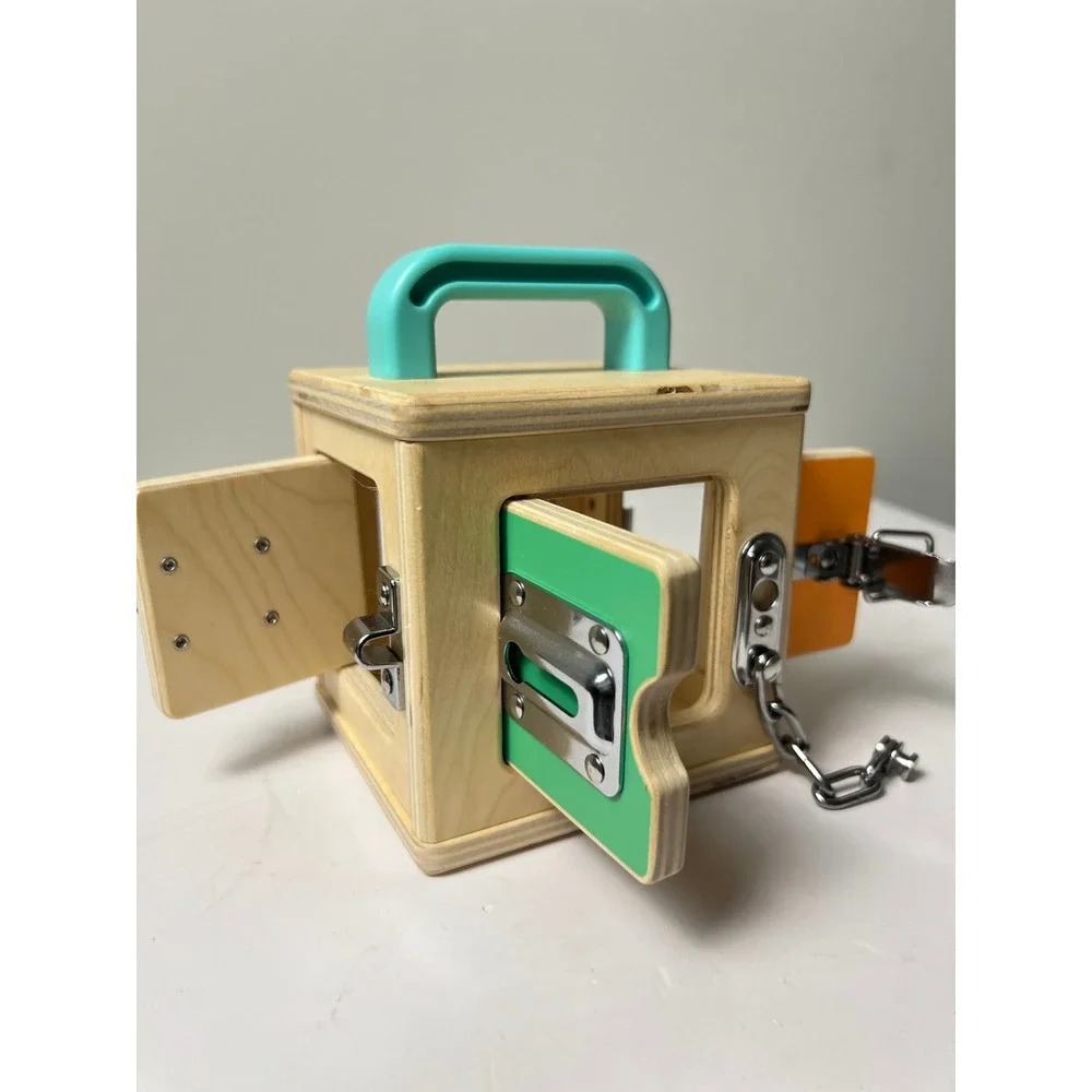 Lovevery Lockbox Toy Toddler OS Tan Montessori Wooden Latches Activity Cube Box